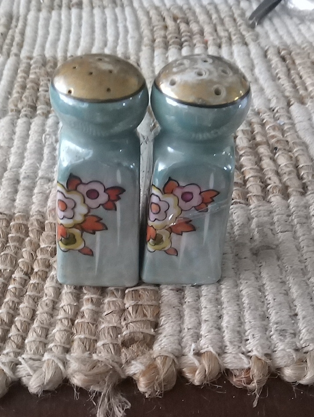 Ceramic Floral Salt and Pepper Shakers - Light Teal Made In Japan